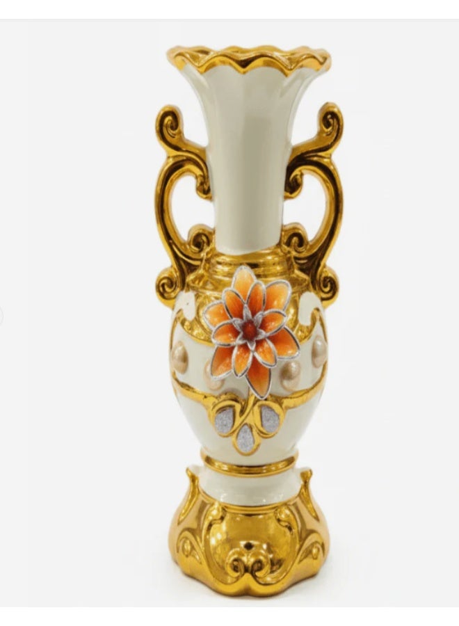 AKDC Luxury Ceramic Flower Vase – Elegant White with Gold Finish and Floral Embellishment, 25.5 cm - Image 1